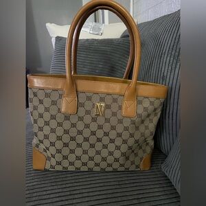 Diana Valentino Brown Leather and Fabric Shoulder Bag
